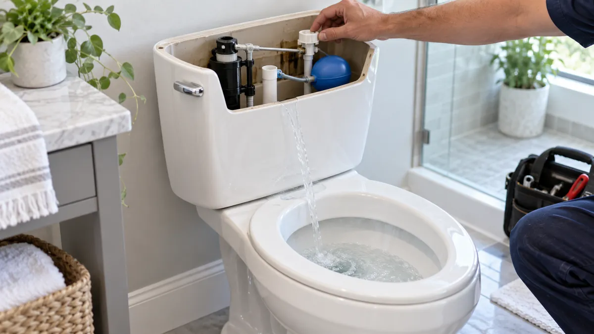 Plombier ouvrant le réservoir d’un WC dont la chasse d’eau coule en continu dans la cuvette, dans une salle de bain à Morangis