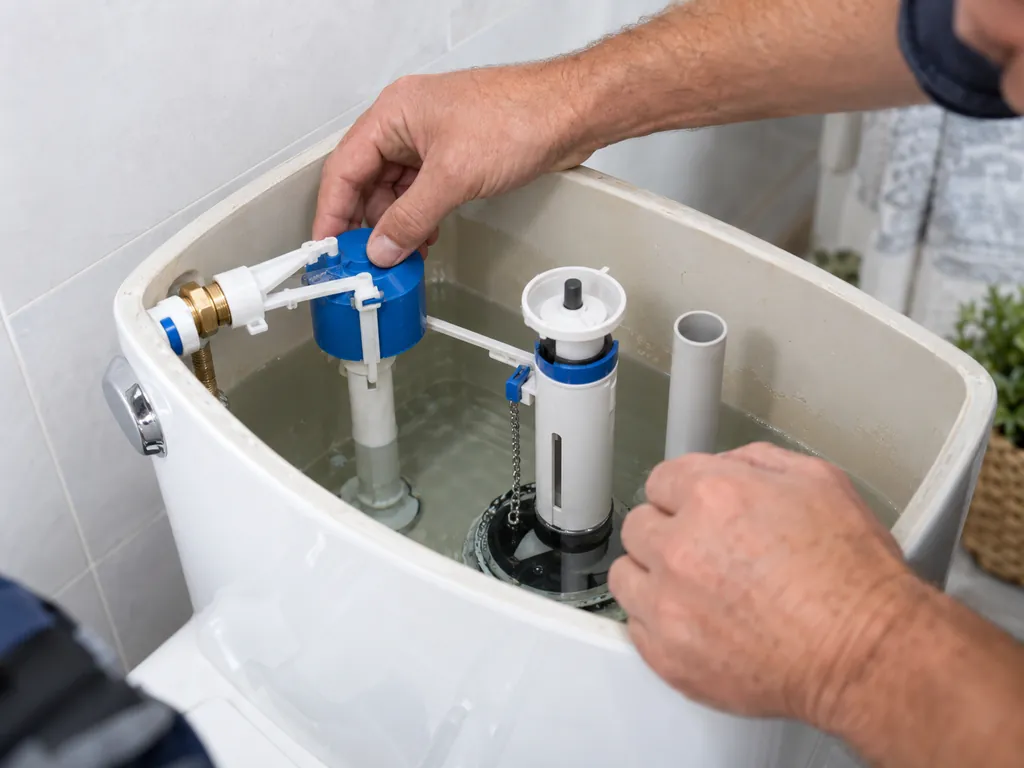 Mains d’un plombier réglant le robinet flotteur et le mécanisme de chasse à l’intérieur d’un réservoir de WC ouvert, à Morangis