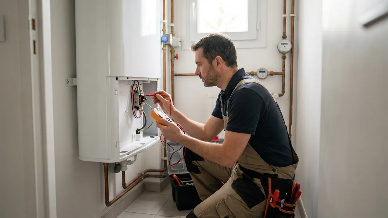 Plombier contrôlant au multimètre le thermostat d'un chauffe-eau électrique dans un cellier de pavillon à Morangis