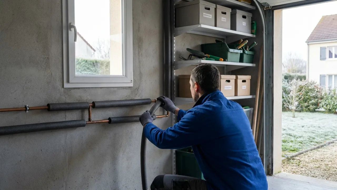 Plombier isolant une canalisation d'eau avec des manchons en mousse dans un garage de pavillon à Morangis