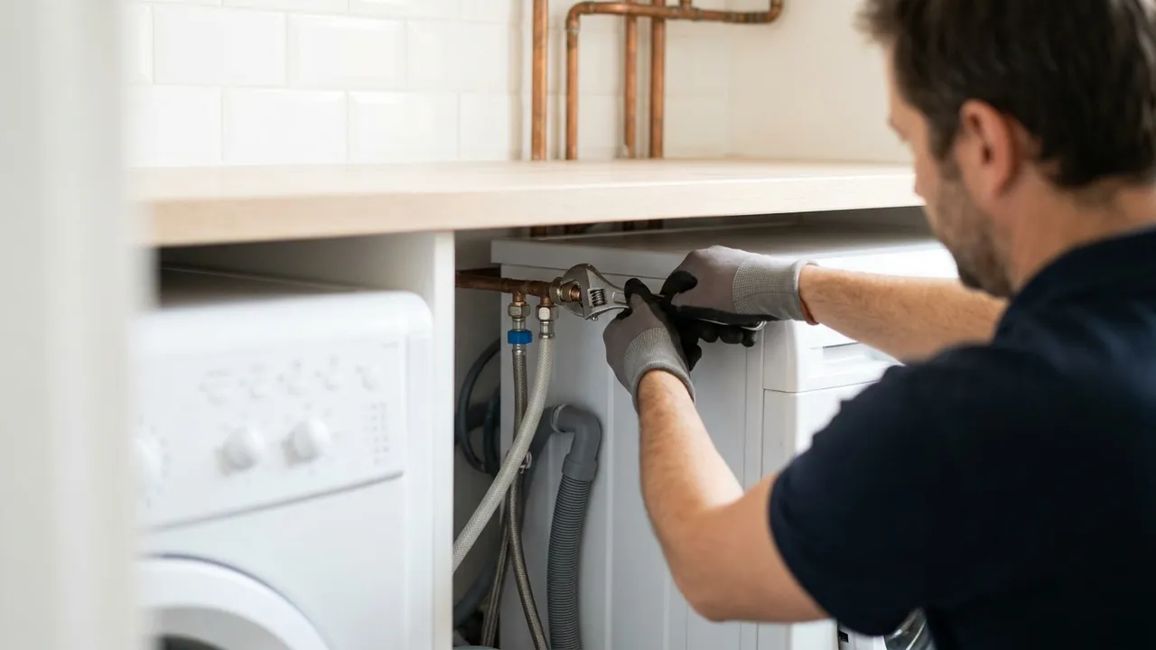 Plombier raccordant l'alimentation et l'évacuation d'un lave-linge derrière l'appareil dans une buanderie à Morangis
